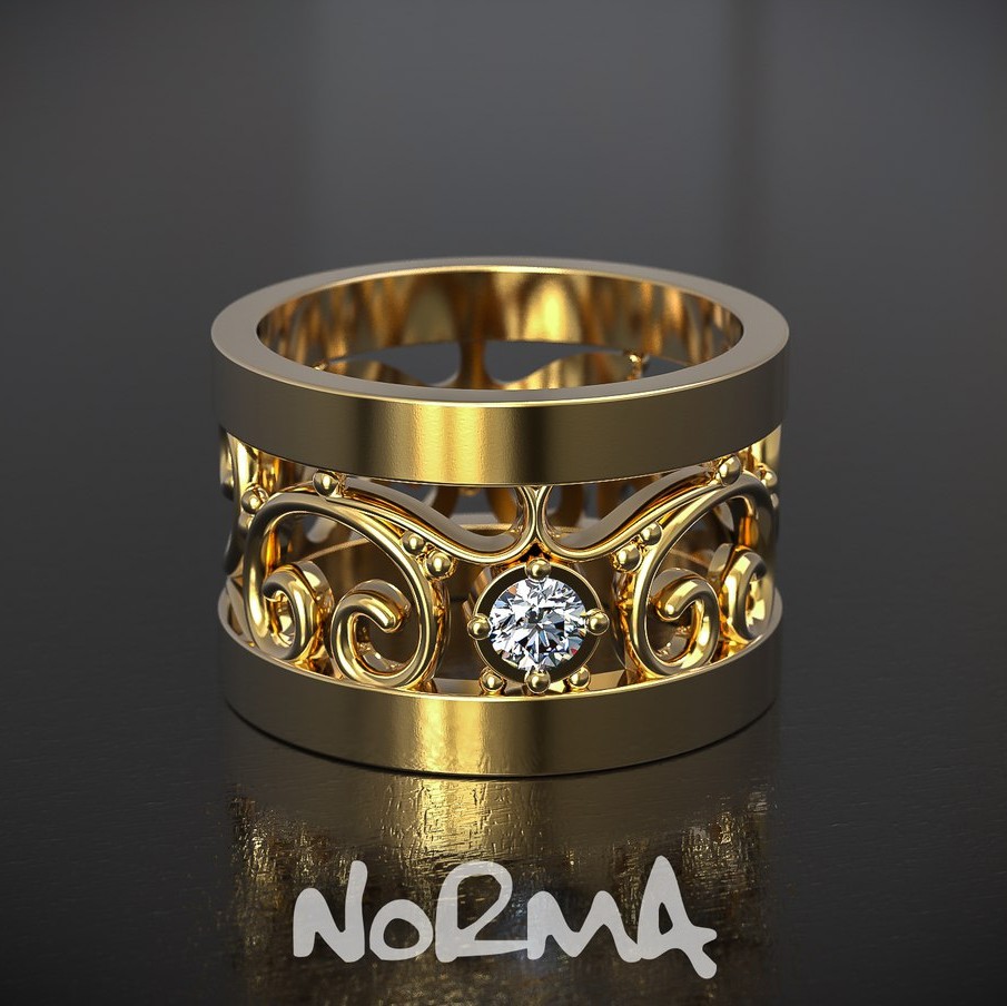 Женское золотое кольцо с круглым камнем и узором